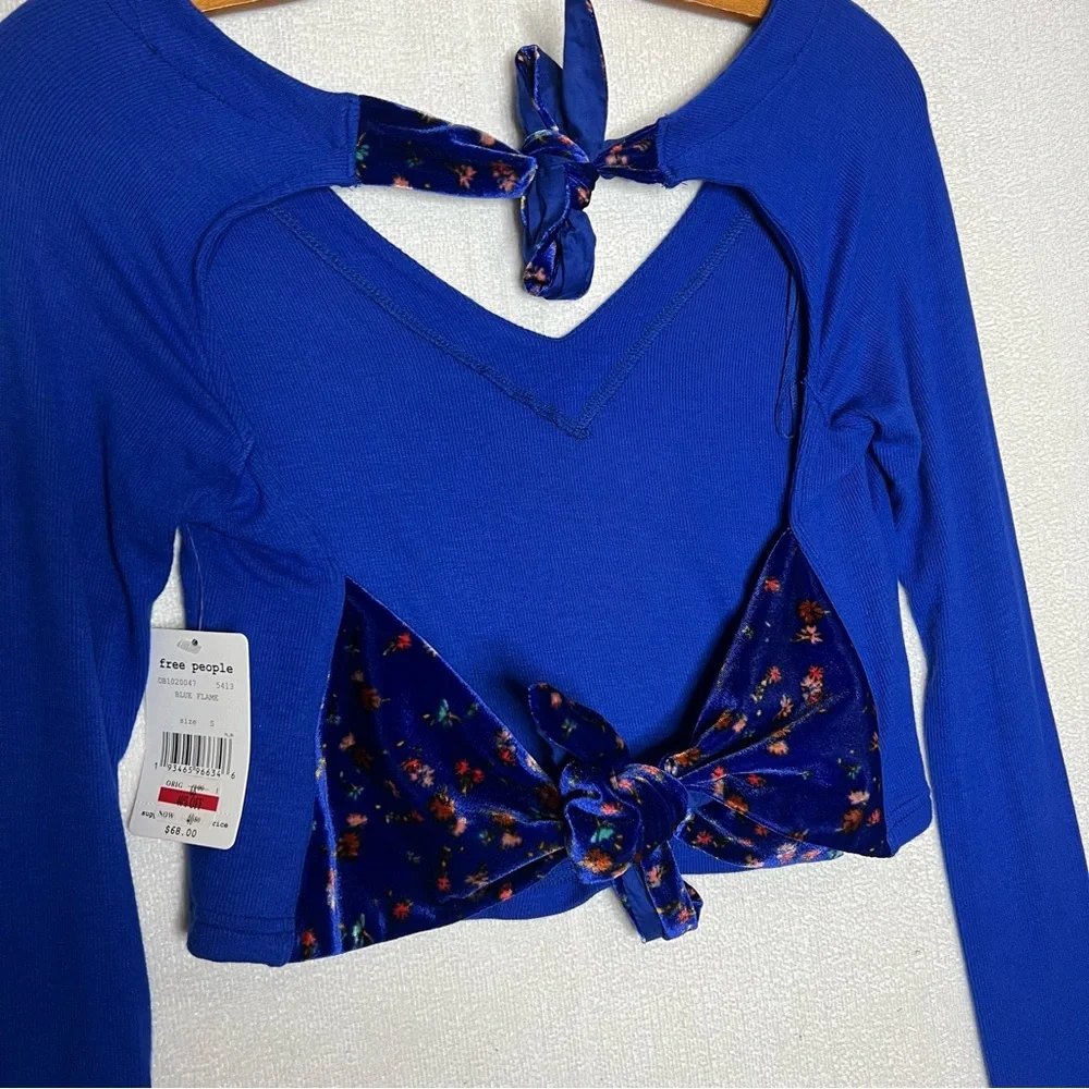 Free People Dual Velvet Tie Back Straps Long Sleeve Women's Top Blue Flame Sz S
